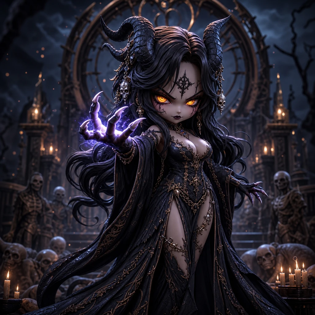 Déesse de la mort liche chibi aux yeux lumineux et aux griffes acérées