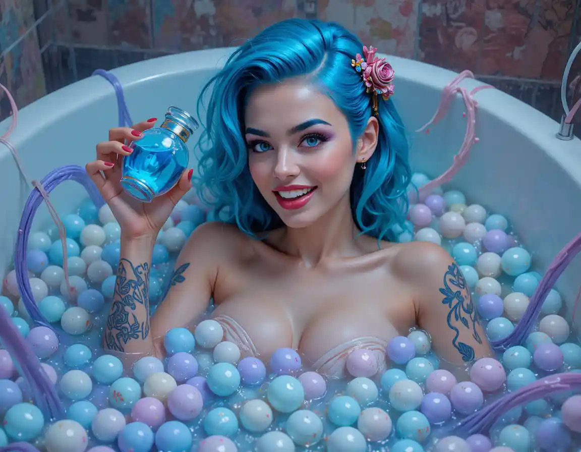 Chica de anime de pelo azul y juguetona relajándose en un baño de burbujas