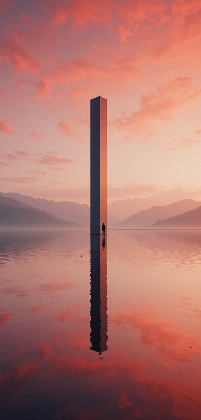 Torre minimalista refletida em água calma ao anoitecer