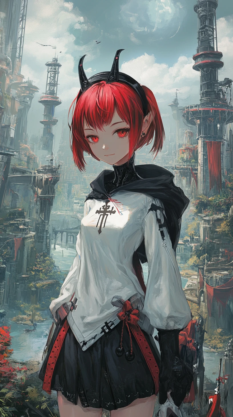 Fille d'anime avec une faux traversant un pont vers un château fantastique en ruines