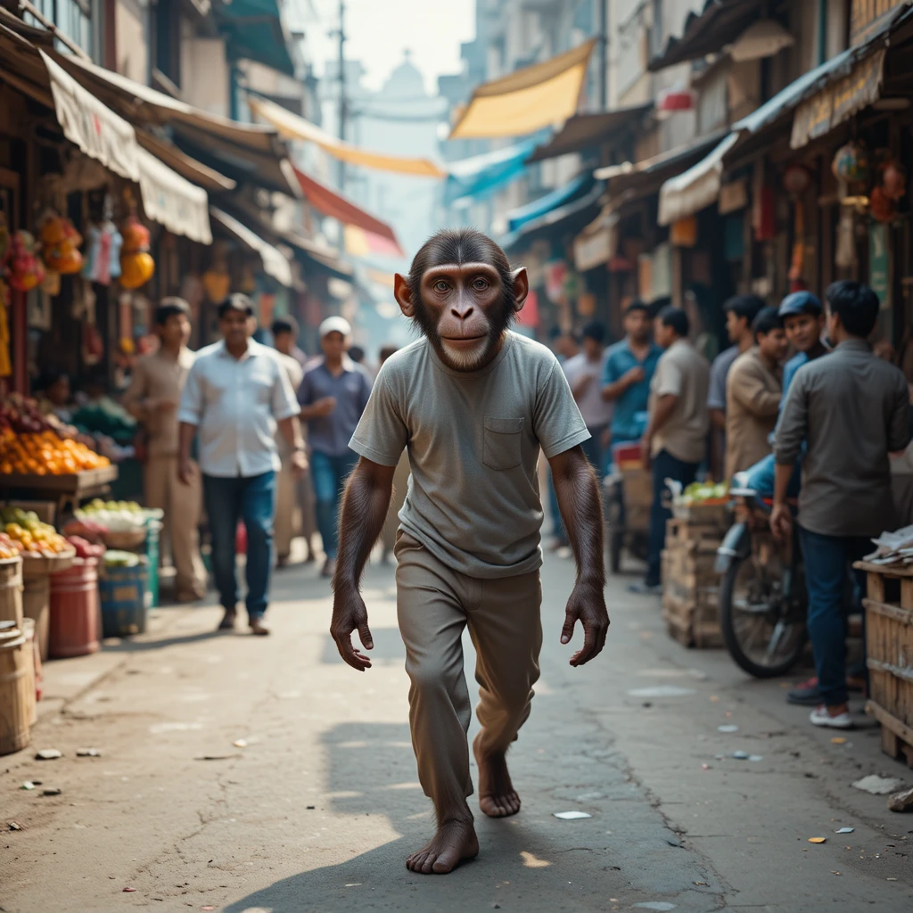 にぎやかなインドの露天市場を歩く擬人化されたサル