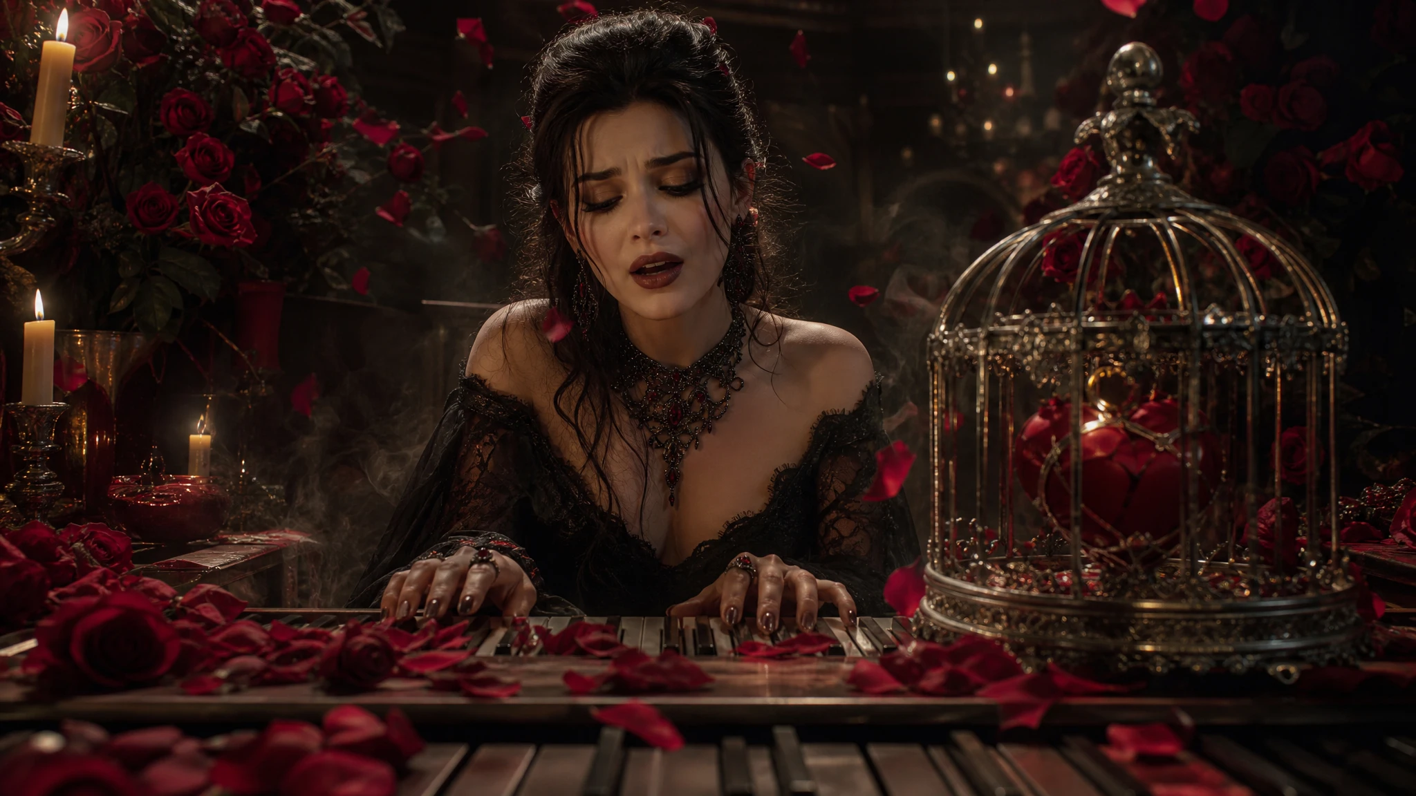 Mulher ao piano cercada por rosas e fumaça de velas