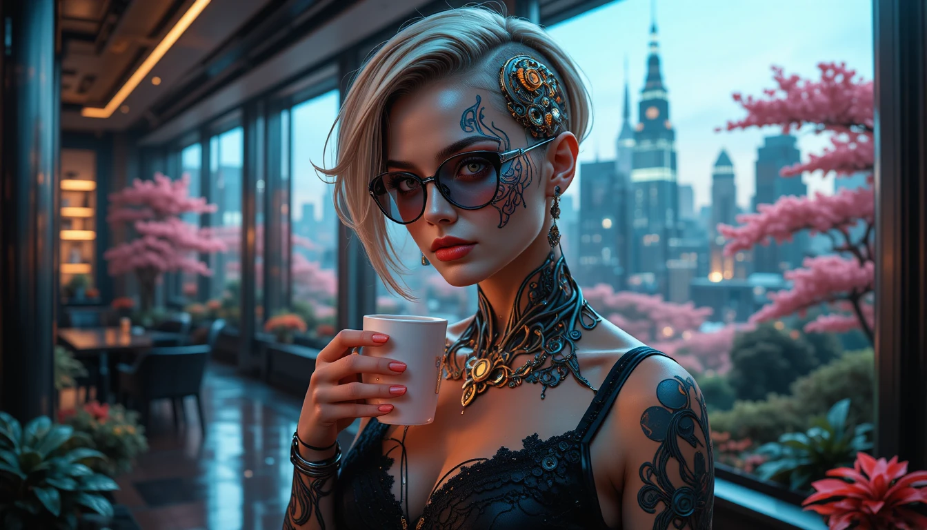 Mulher tatuada com café em retrato sombrio na biblioteca
