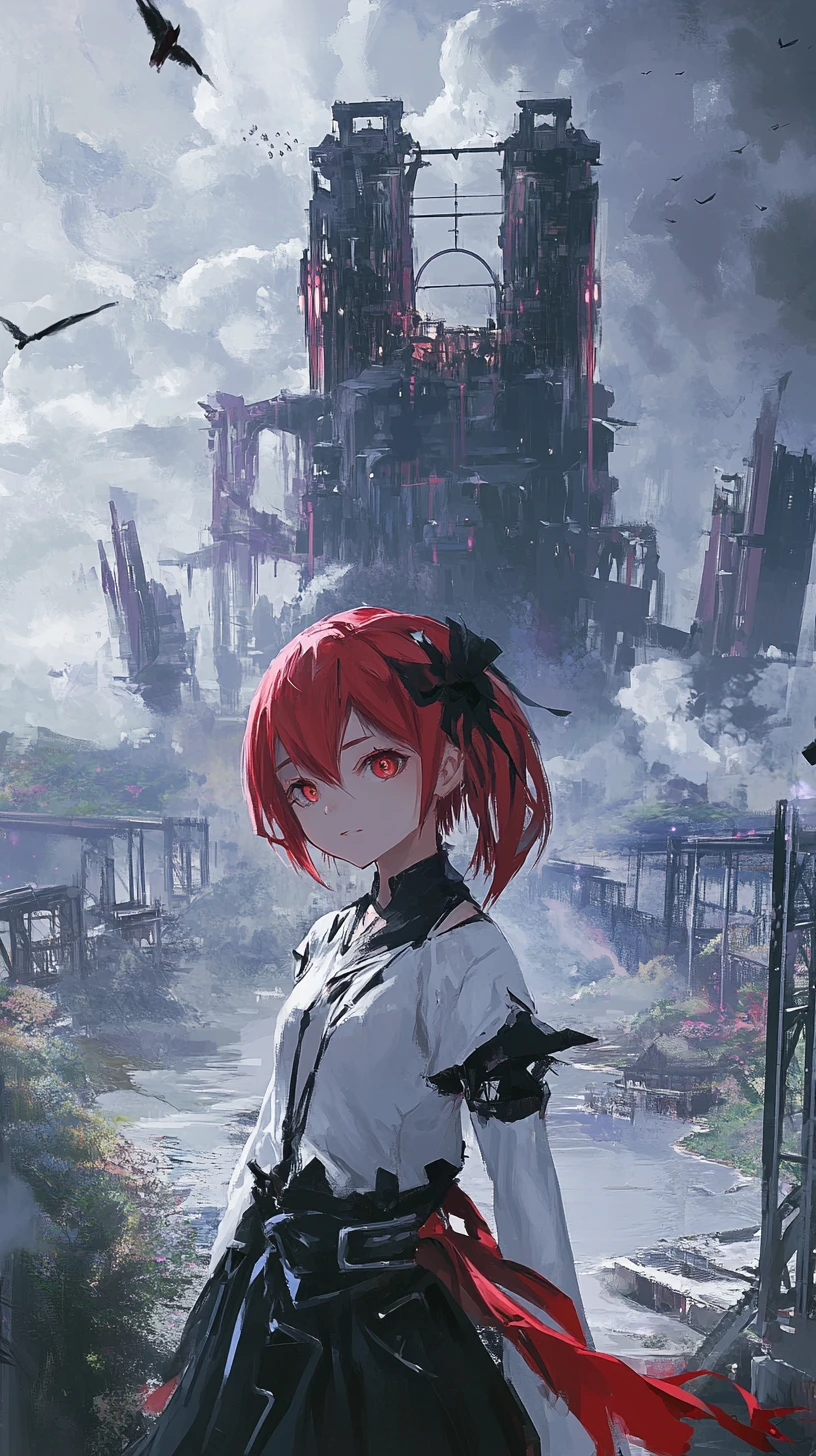 Garota de anime com foice atravessando ponte rumo a castelo de fantasia em ruínas