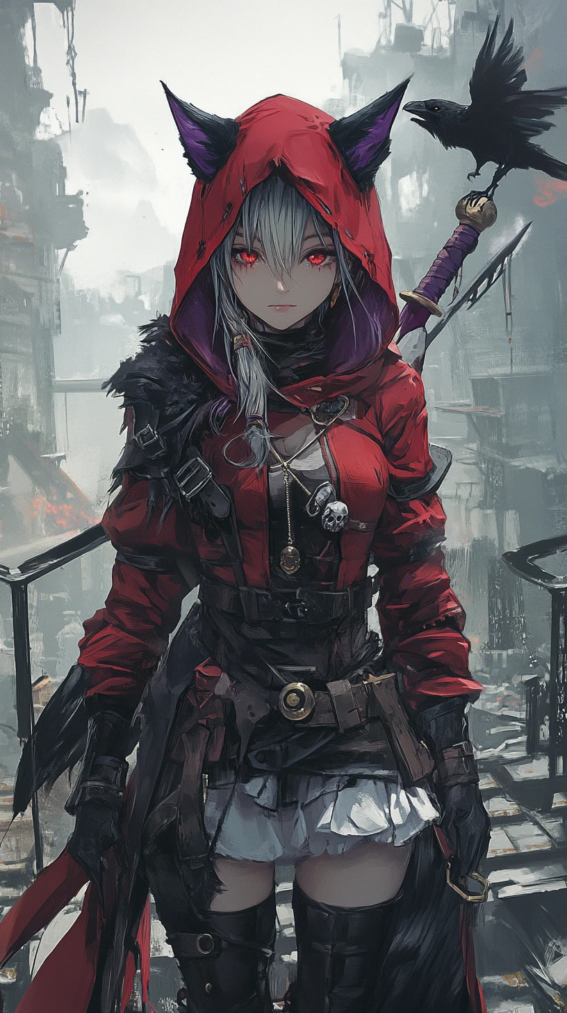 Fille d’anime avec hallebarde traversant un pont vers un château fantasy en ruines