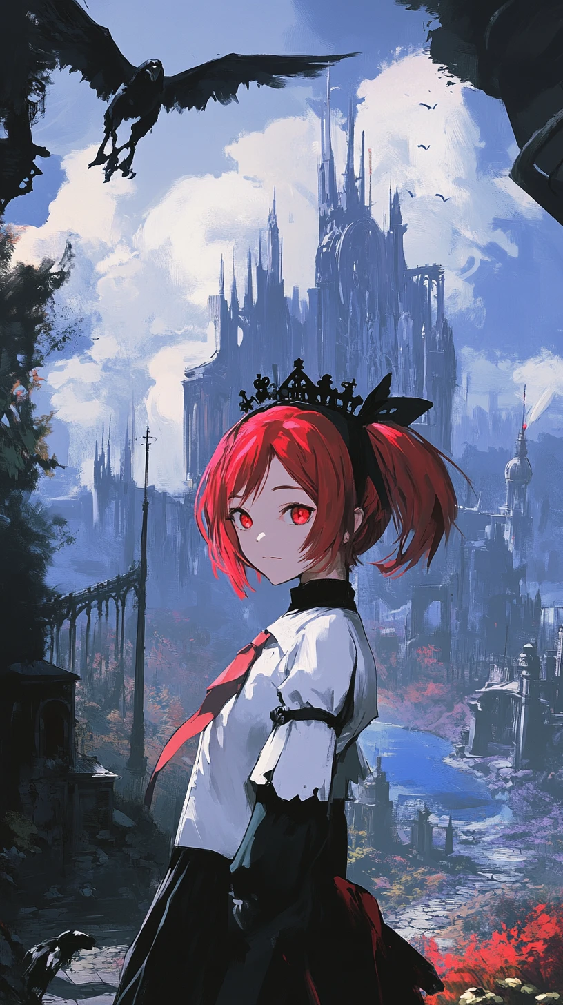Garota de anime com foice atravessando ponte rumo a castelo de fantasia