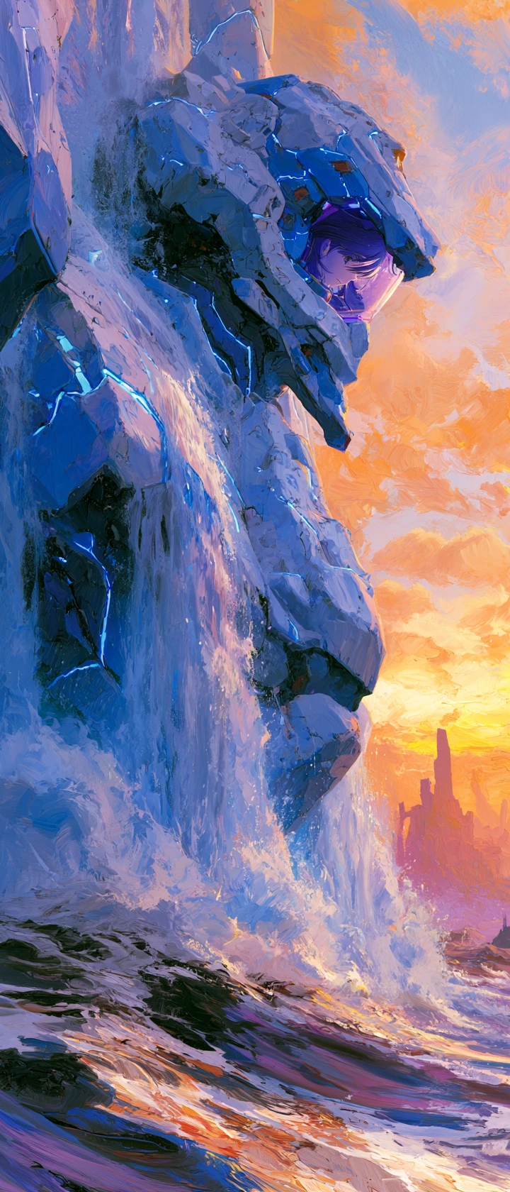 Gigante mecha de anime surge do oceano tempestuoso ao pôr do sol