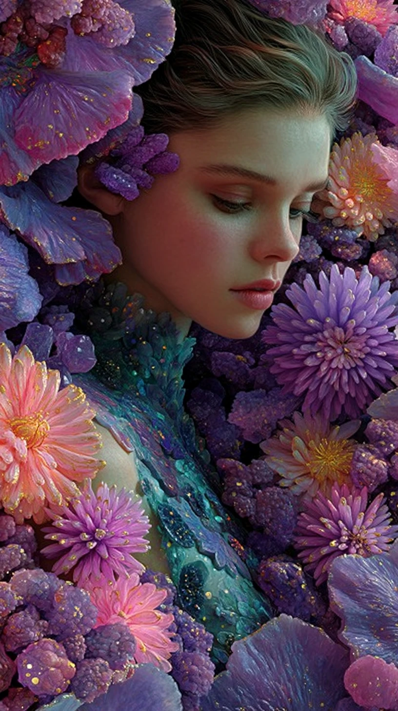 Mulher com gemas rosas em uma nebulosa cósmica floral
