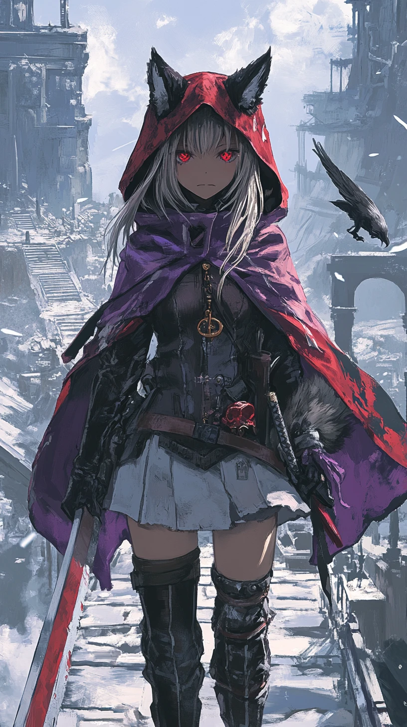 Fille d’anime avec hallebarde traversant un pont vers un château fantastique en ruines
