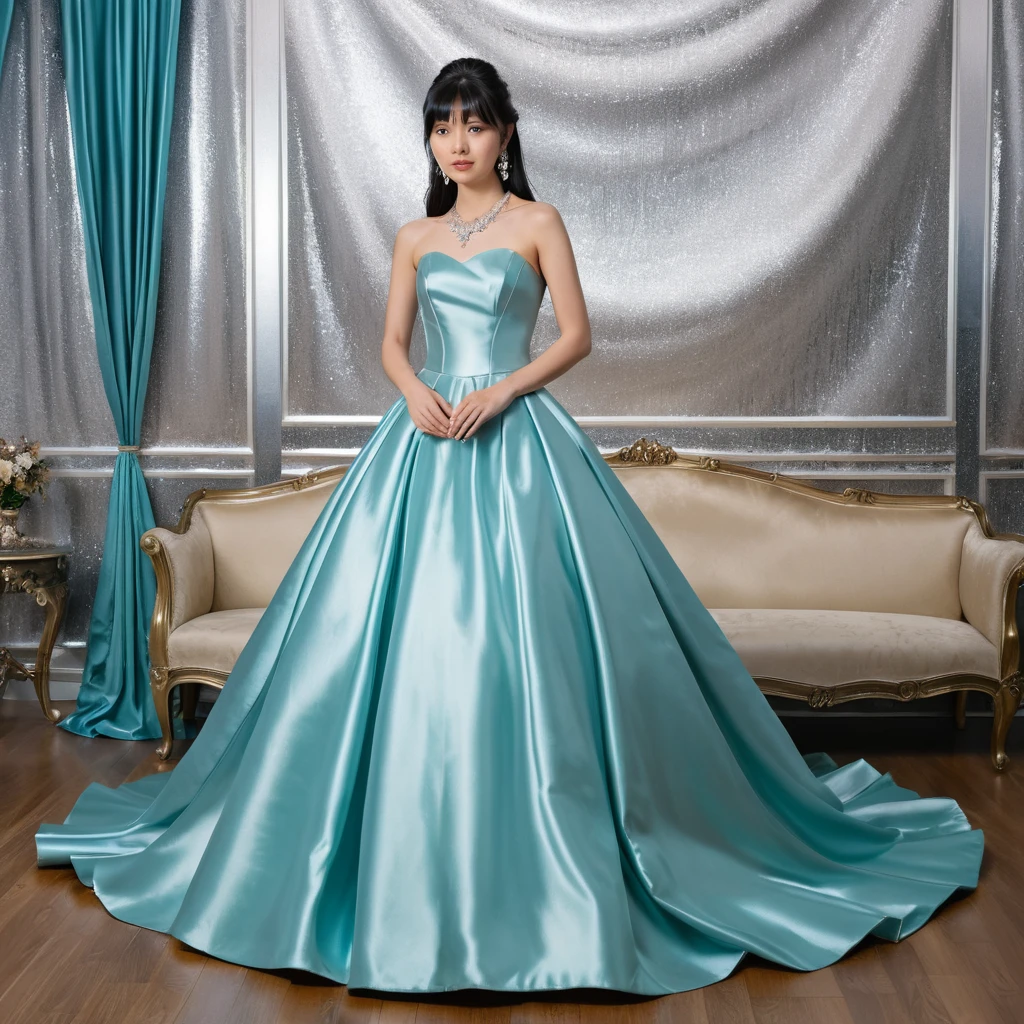 Jovem em vestido de baile de cetim brilhante em sala elegante