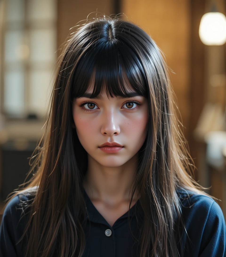 留瀏海的年輕女子戲劇性近距離人像