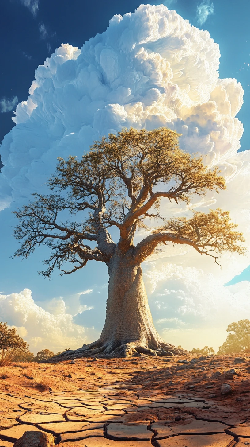 Uralter Baobab-Baum in einer weiten, sonnendurchfluteten Wüste