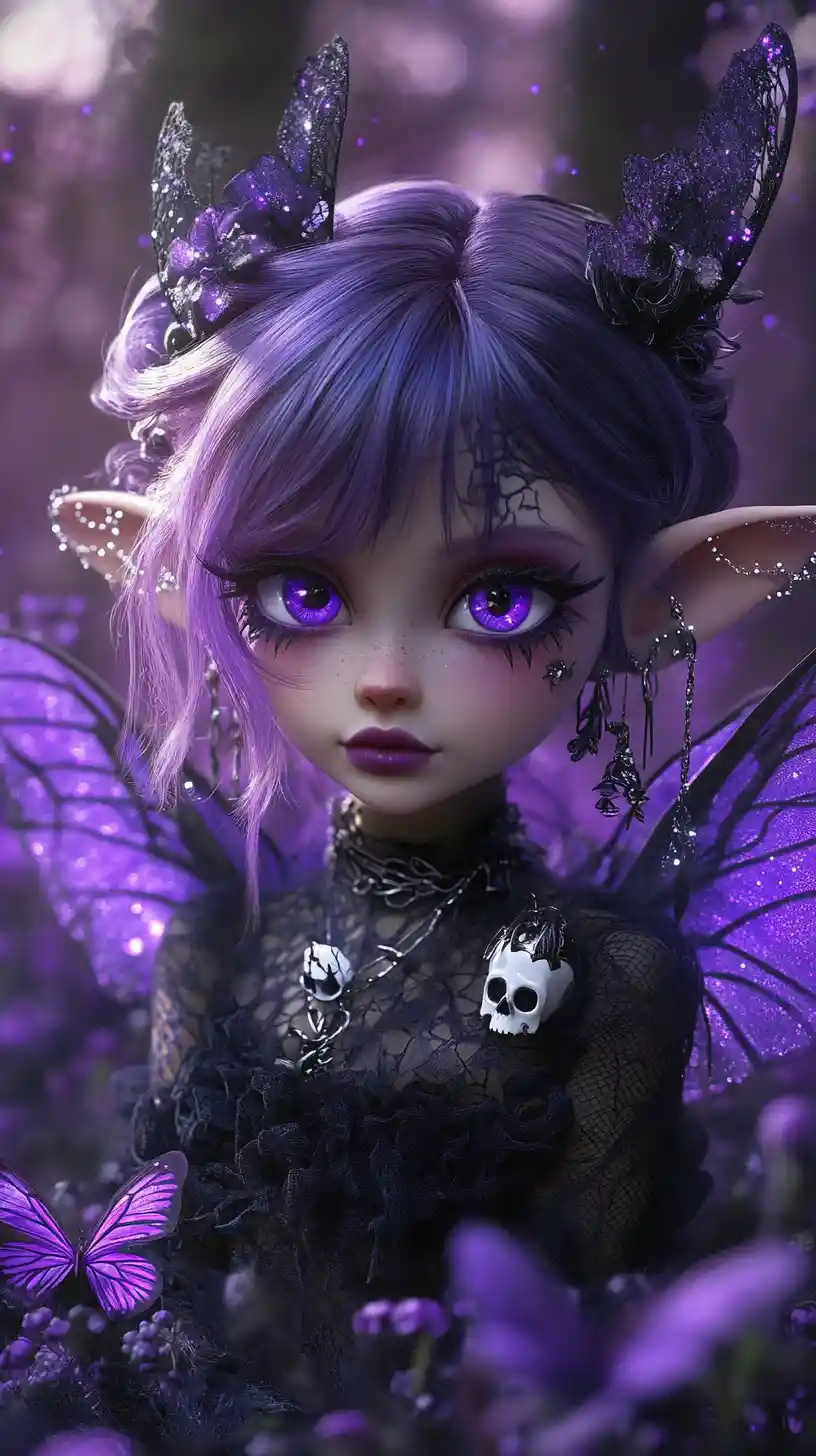 Violet haired fairy girl in gothic lace among flowers