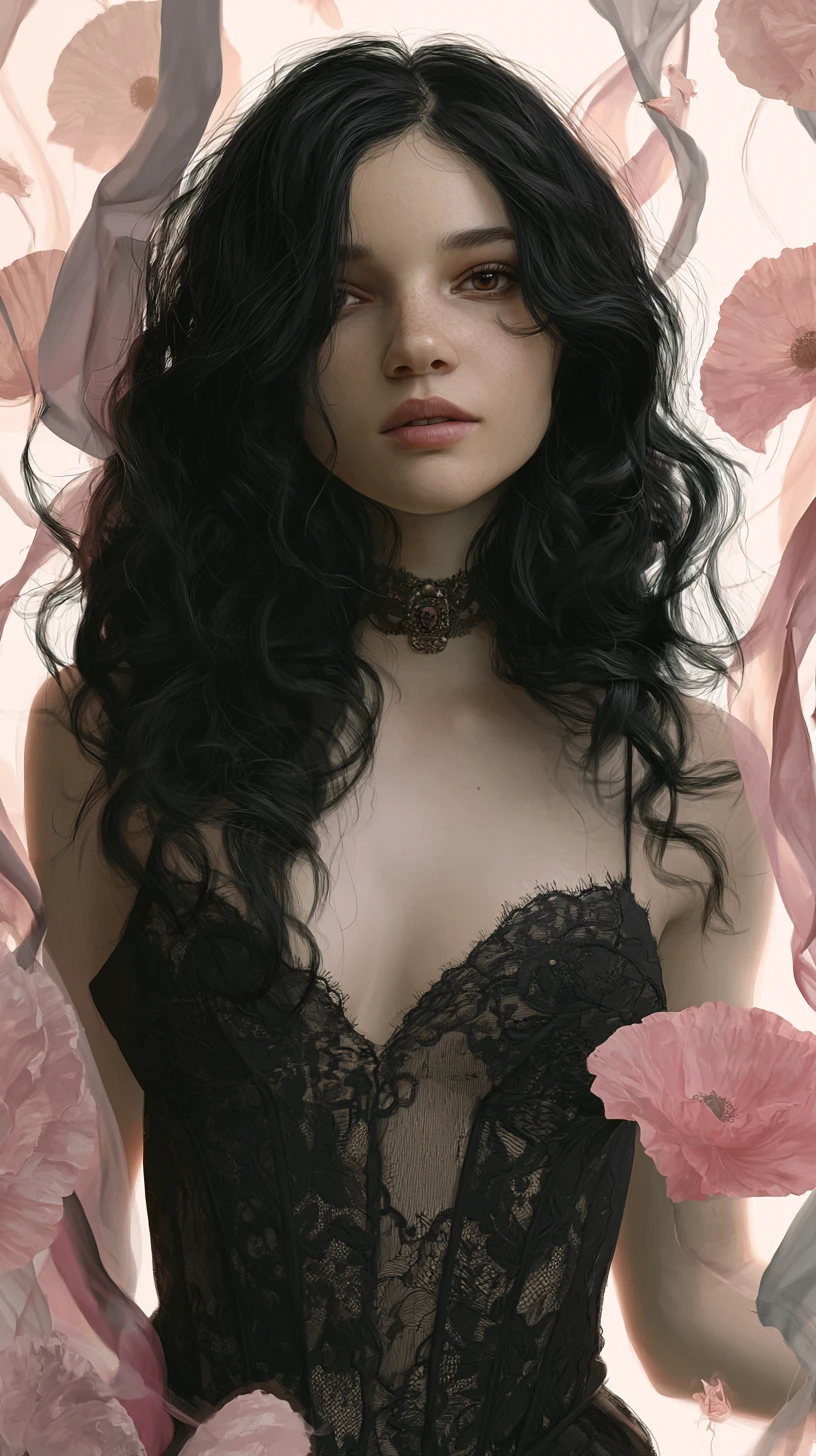 Mujer gótica con encaje negro entre amapolas rosas surrealistas