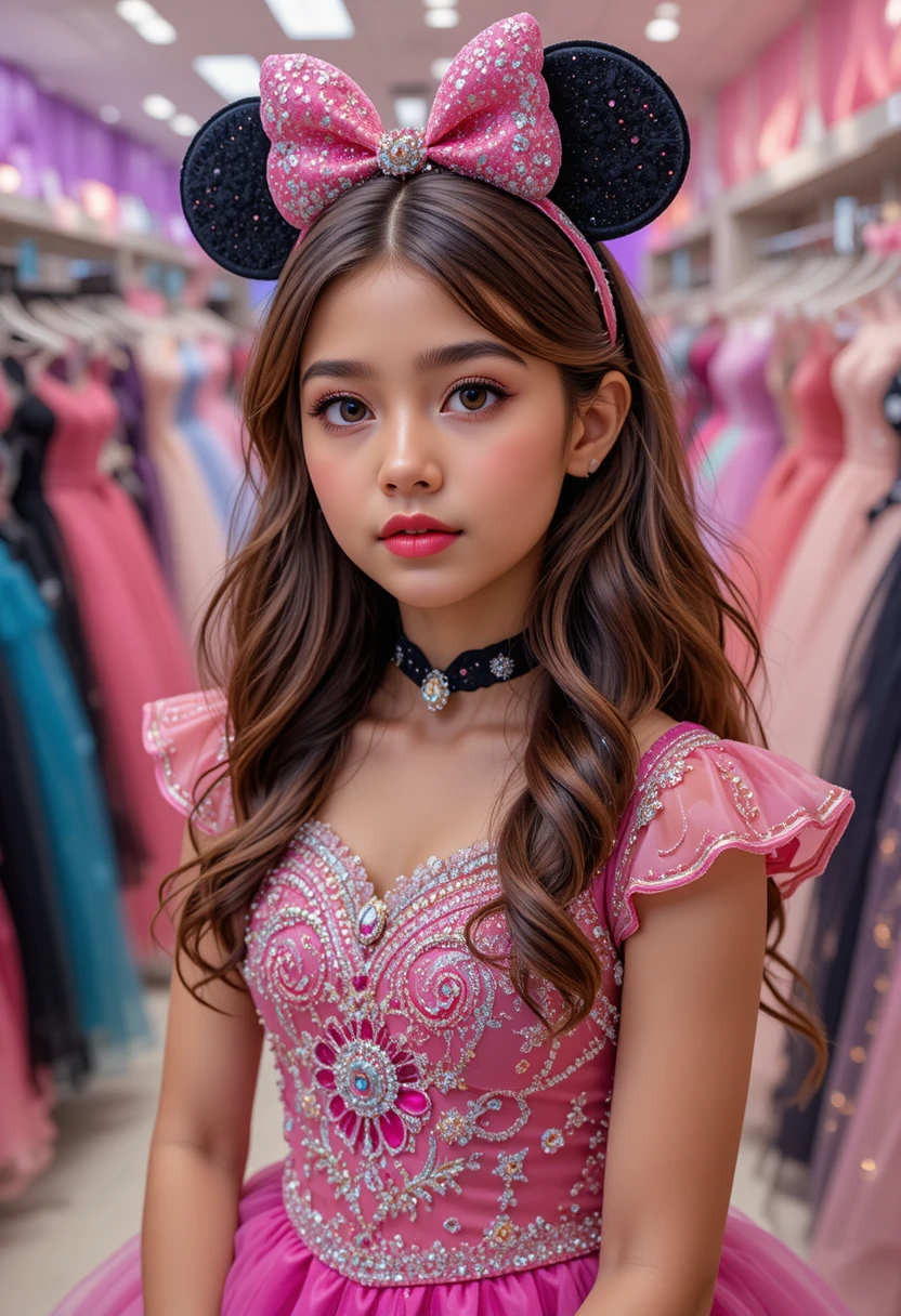Menina jovem com vestido rosa da Minnie em boutique de vestidos