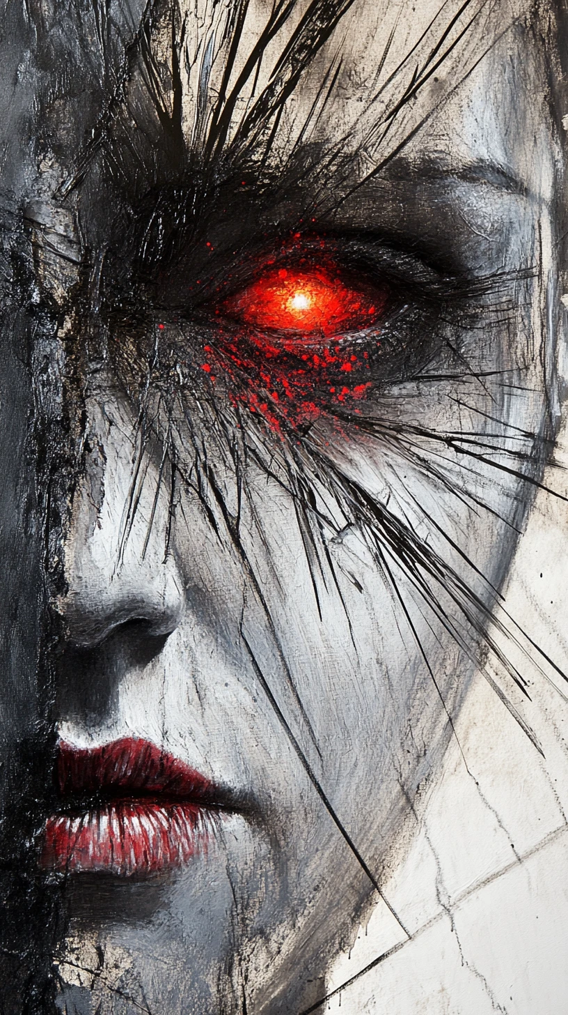 Surreal close up portrait with eroded face and glowing eye