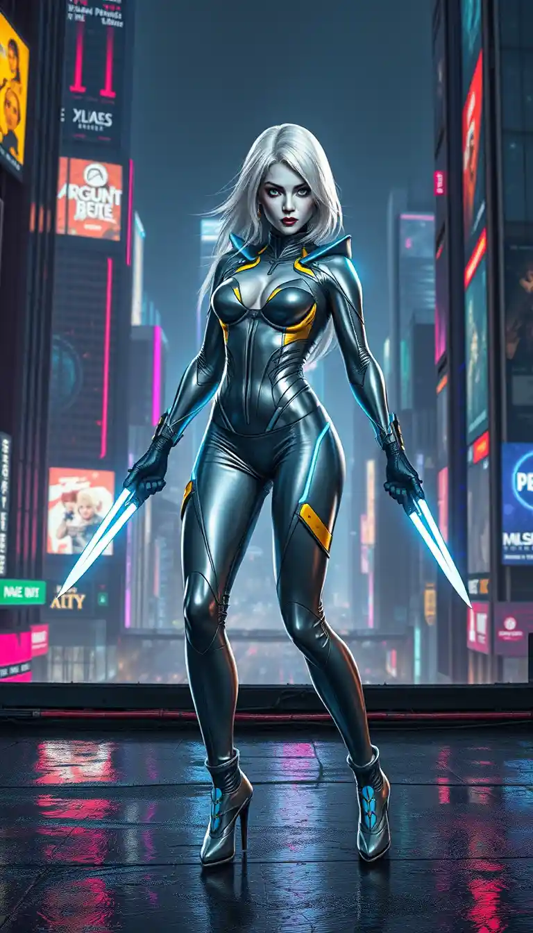 Mulher cyberpunk de cabelo branco com facas brilhantes no topo de um prédio