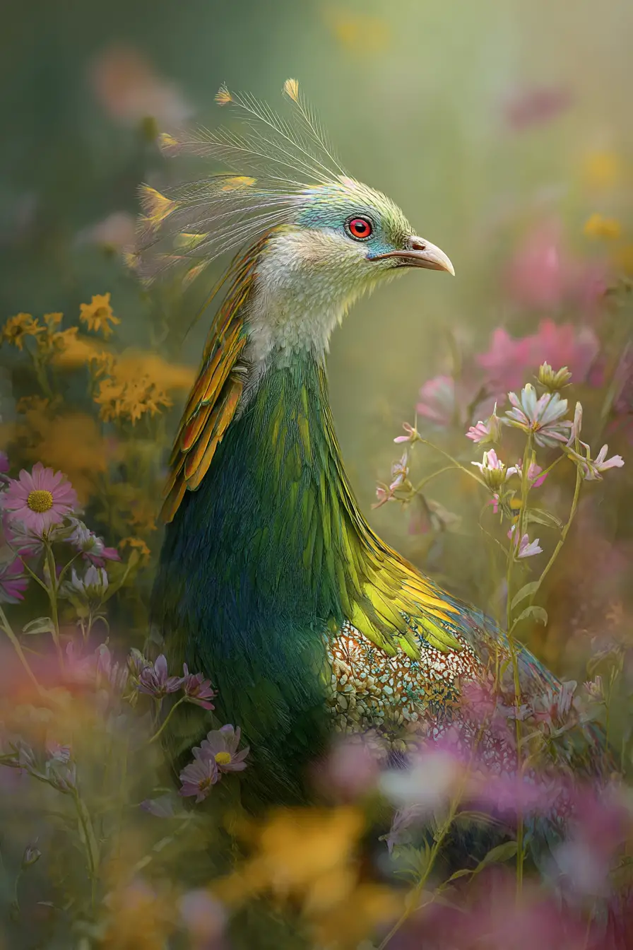 Oiseau mystique et libre dans un champ de fleurs sauvages de rêve