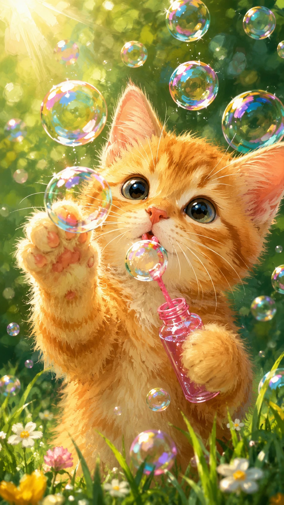 Chaton orange joueur soufflant des bulles sur l’herbe ensoleillée