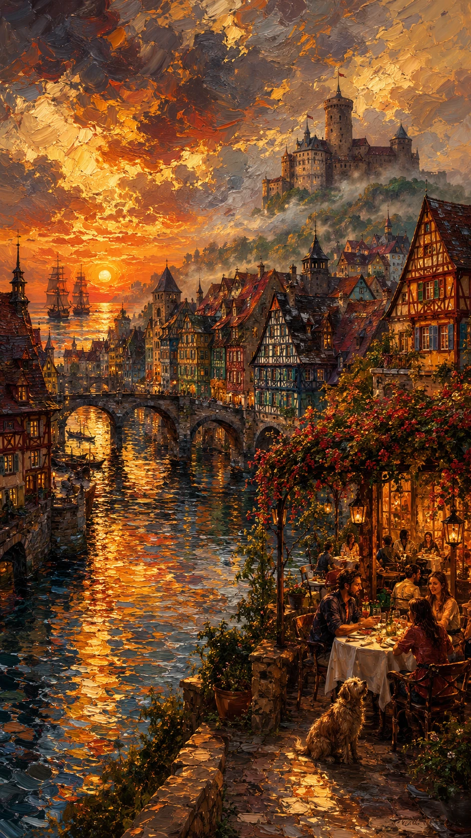Cidade medieval à beira-rio ao pôr do sol dourado