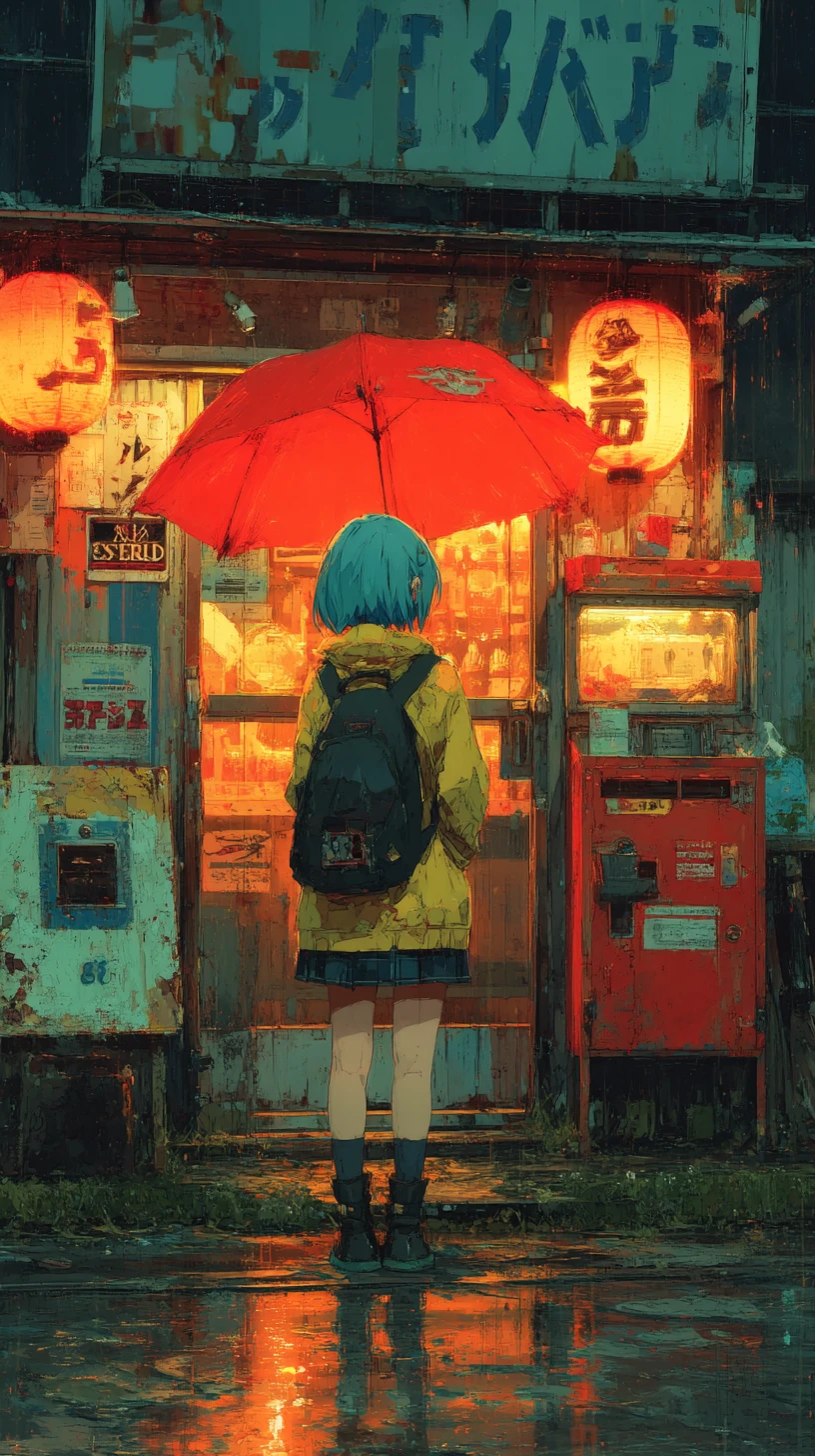 Anime-Mädchen auf regennasser Stadtstraße mit dramatischer Beleuchtung