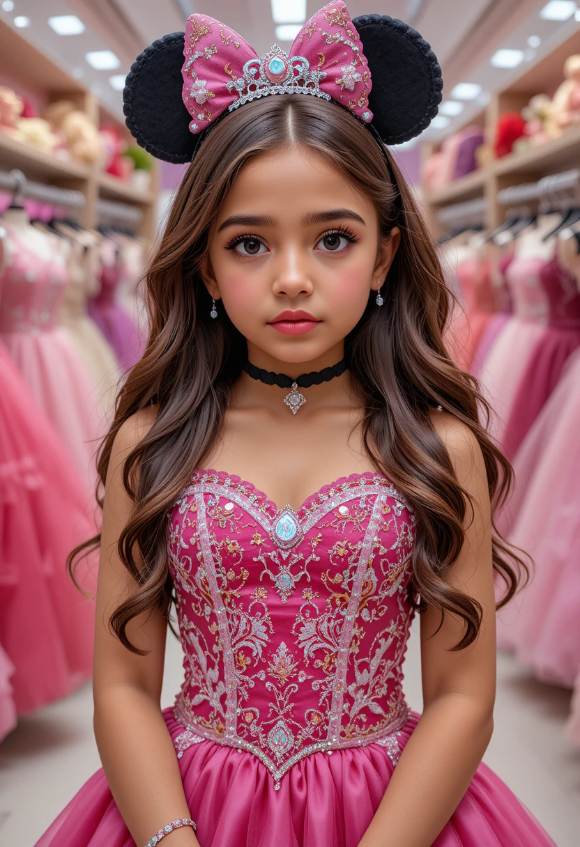Menina com vestido rosa da Minnie em boutique de vestidos