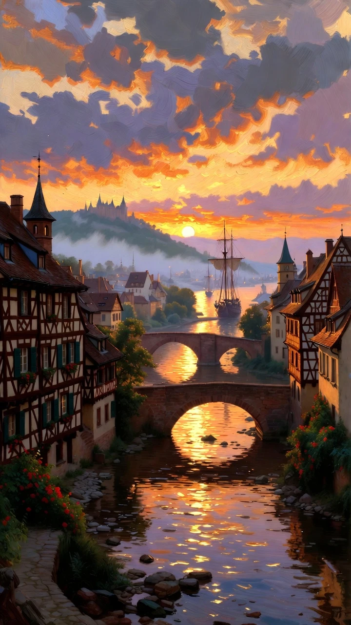 Mittelalterliche Flussstadt aus der Luft im warmen Abendlicht