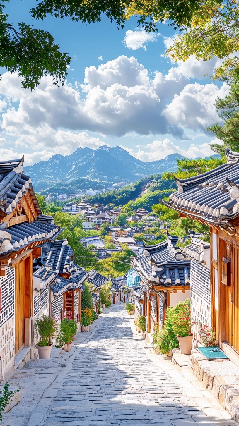 Beco em aquarela em uma vila tradicional coreana de hanok