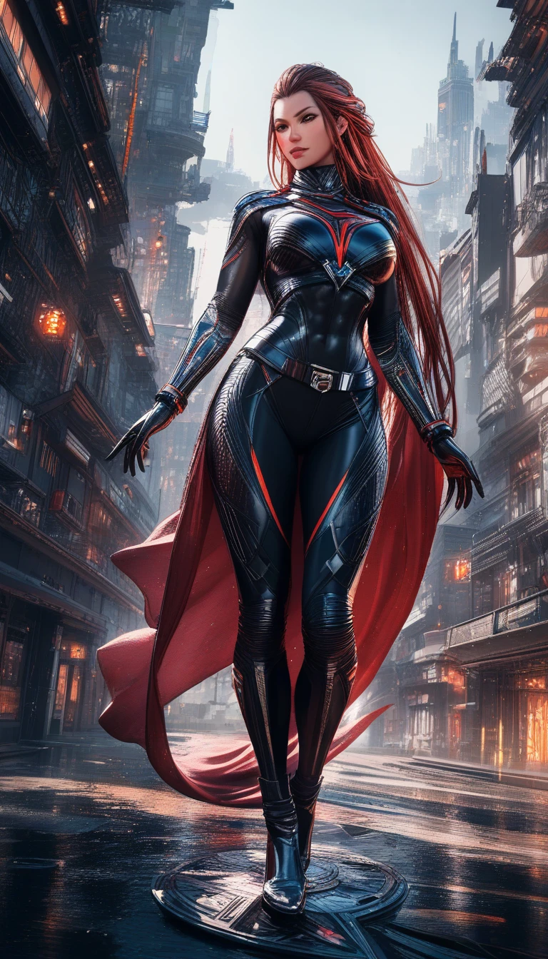 Mulher alta de cabelo castanho-avermelhado em uma cidade sci‑fi detalhada