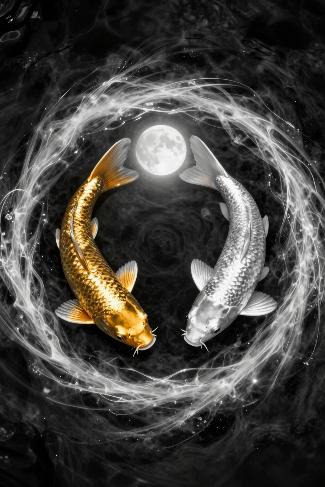 Due pesci koi che girano sotto una luna piena luminosa