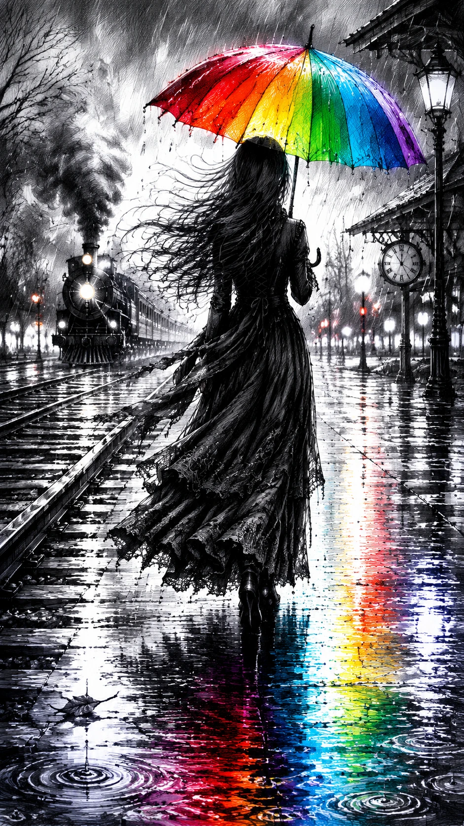 Garota com guarda-chuva arco-íris caminhando nos trilhos chuvosos