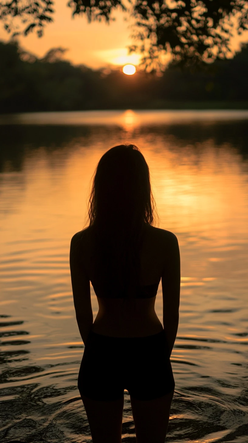 暖色夕陽下靜謐湖畔邊佇立的女子