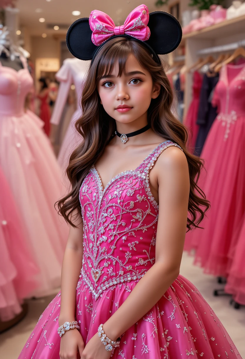 Menina com vestido rosa da Minnie em boutique