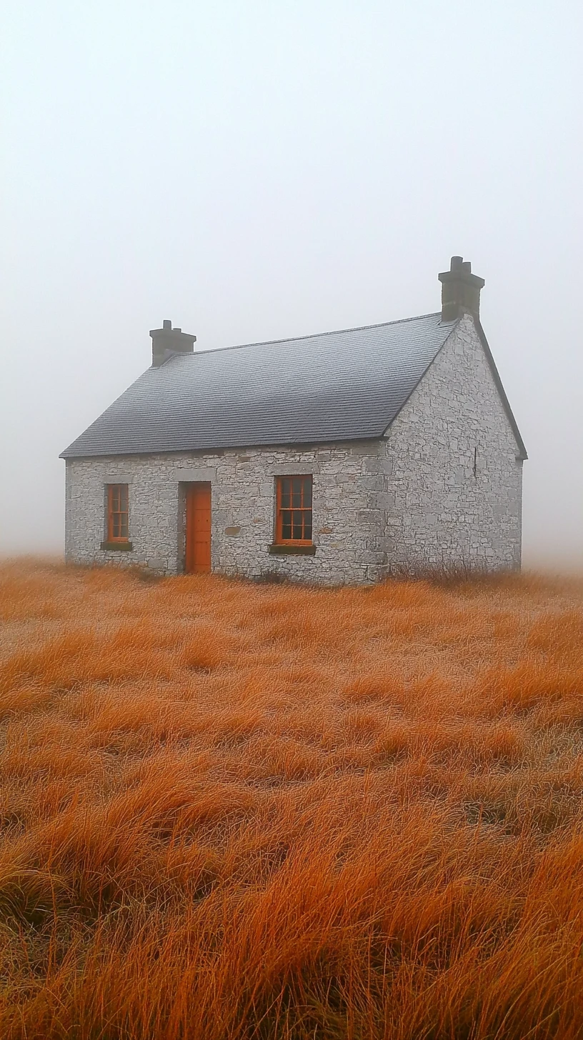 Capilla rural entre la niebla en un tranquilo prado escocés