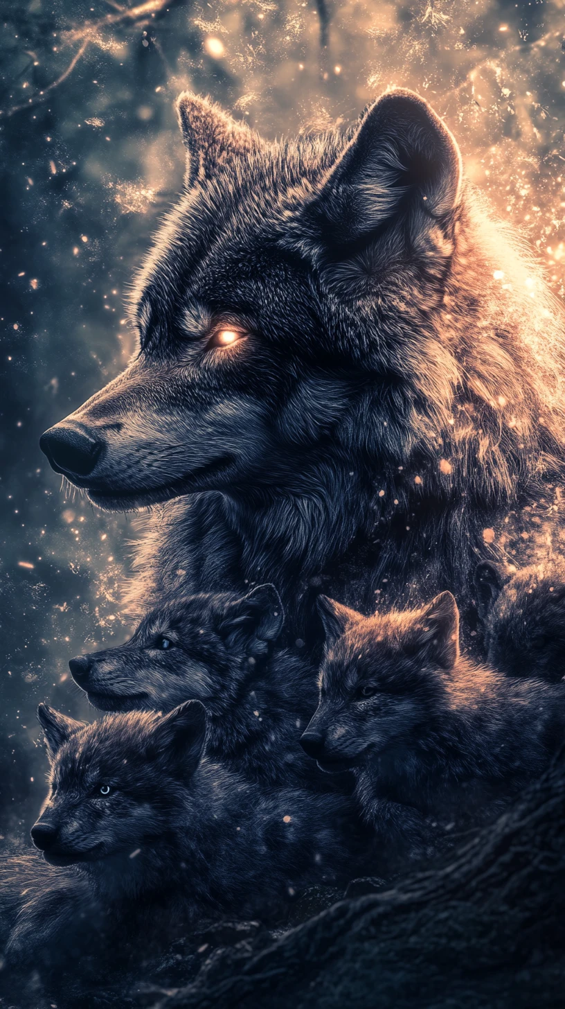 Lobo guardião se dissolvendo em luz em uma floresta onírica