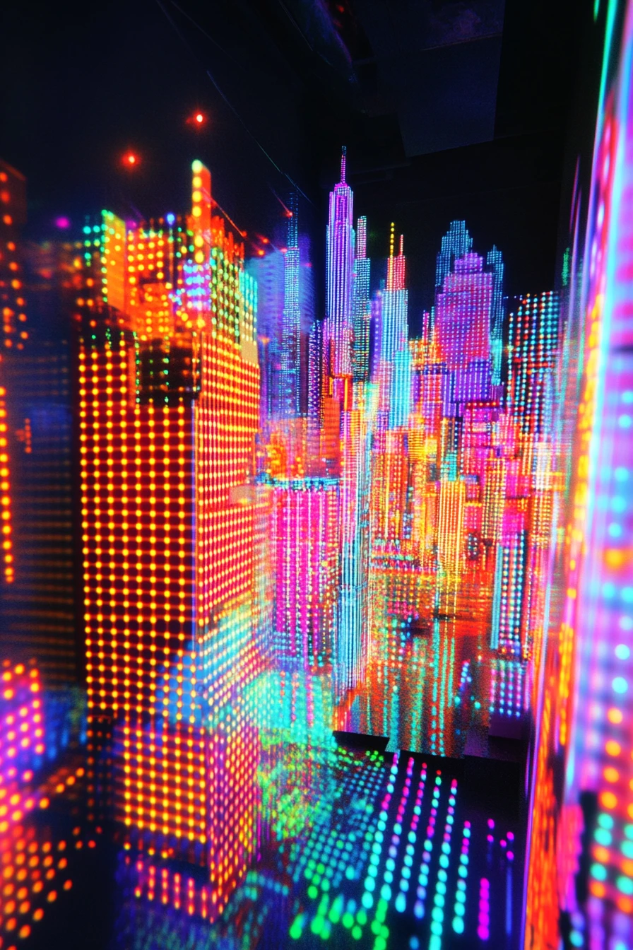 Paisagem simétrica em estilo Lite Brite com formas abstratas brilhantes