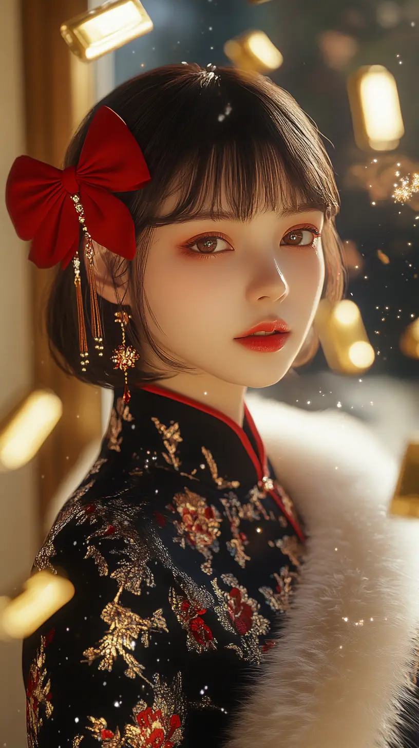 紅色蝴蝶結與金元寶的優雅動漫女子