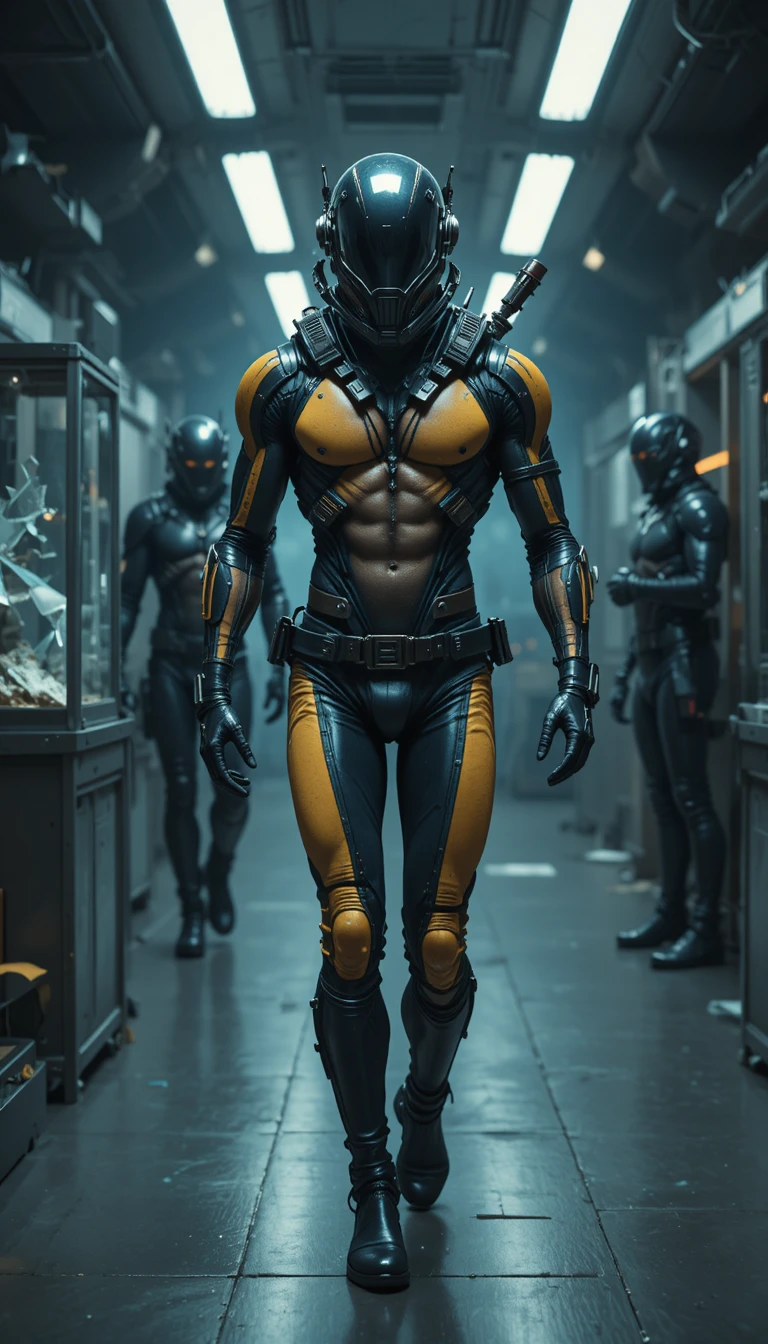 Guerrier de science-fiction blindé marchant dans un laboratoire futuriste