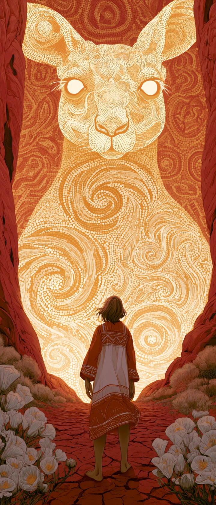 Garota de anime diante de um espírito de canguru gigante e translúcido ao pôr do sol