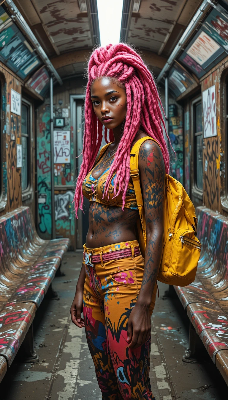 Jovem com dreadlocks rosas em vagão de metrô rústico