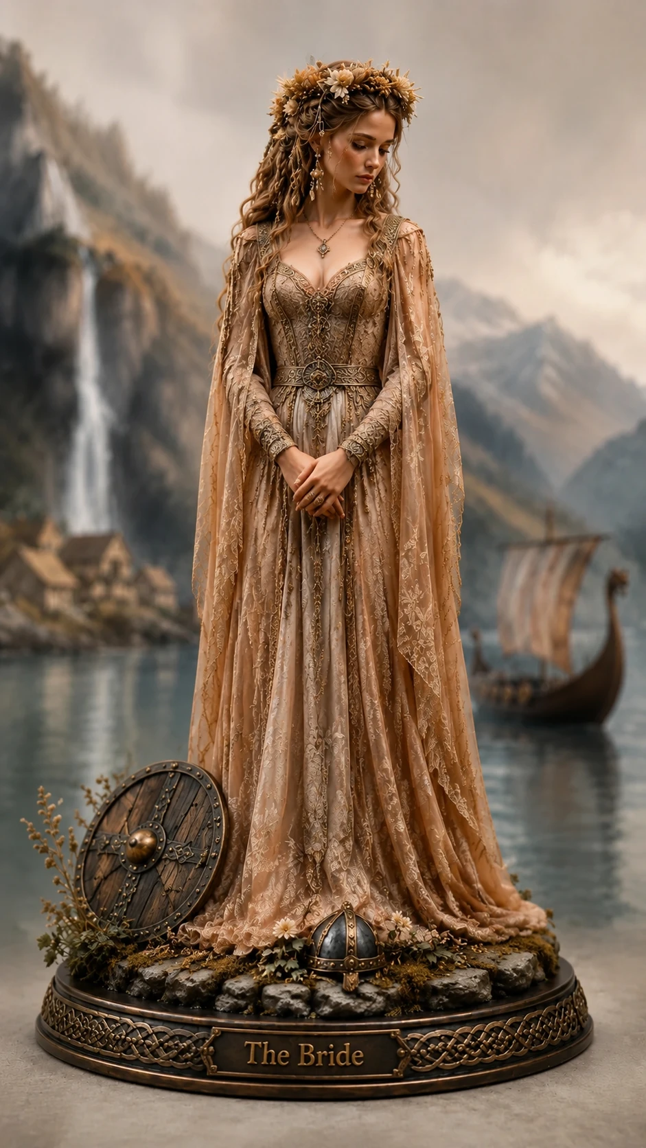 Vista frontal de una figura de novia vikinga sobre una base inclinada