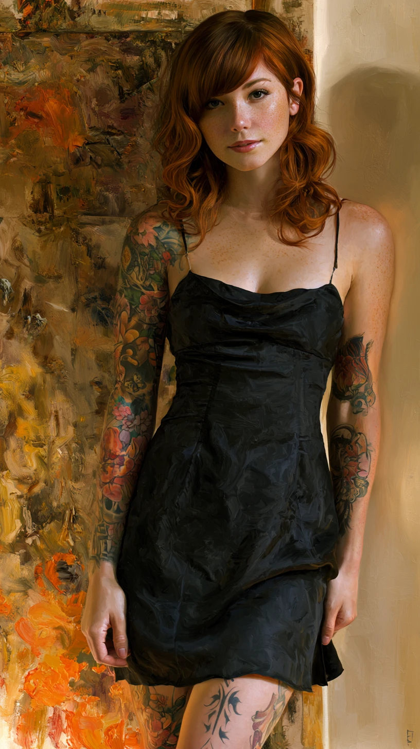 Jovem tatuada de vestido preto em estúdio de arte
