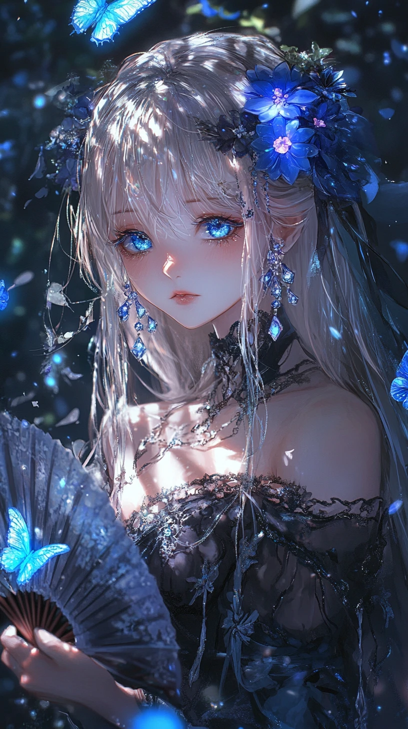 Garota de anime etérea com flores de cristal e leque
