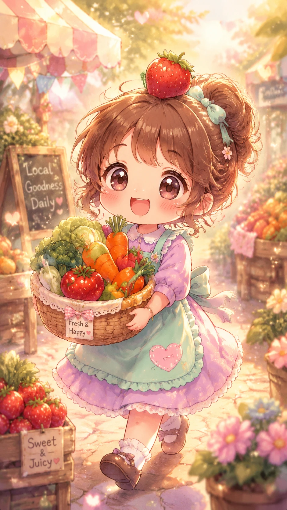 Garota anime chibi alegre em uma feira de agricultores em tons pastéis