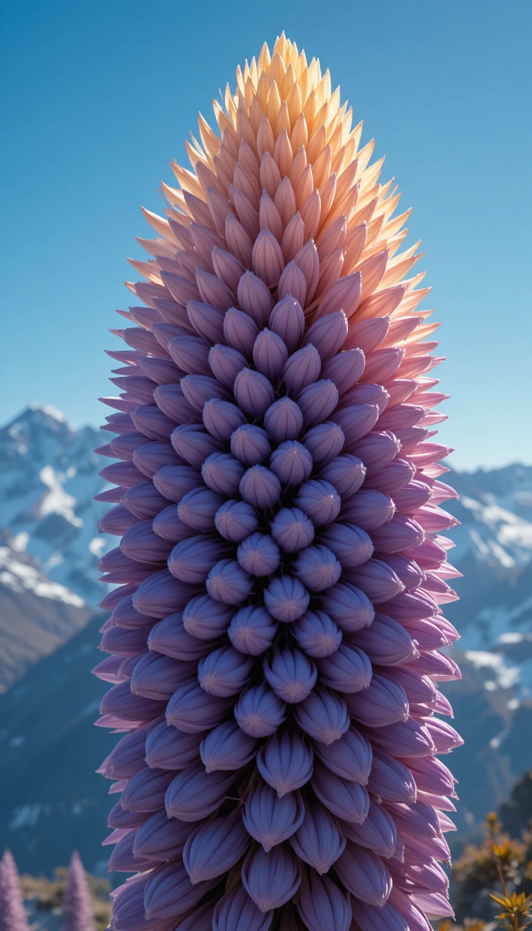 Majestätische Fantasieblume vor fernen schneebedeckten Bergen