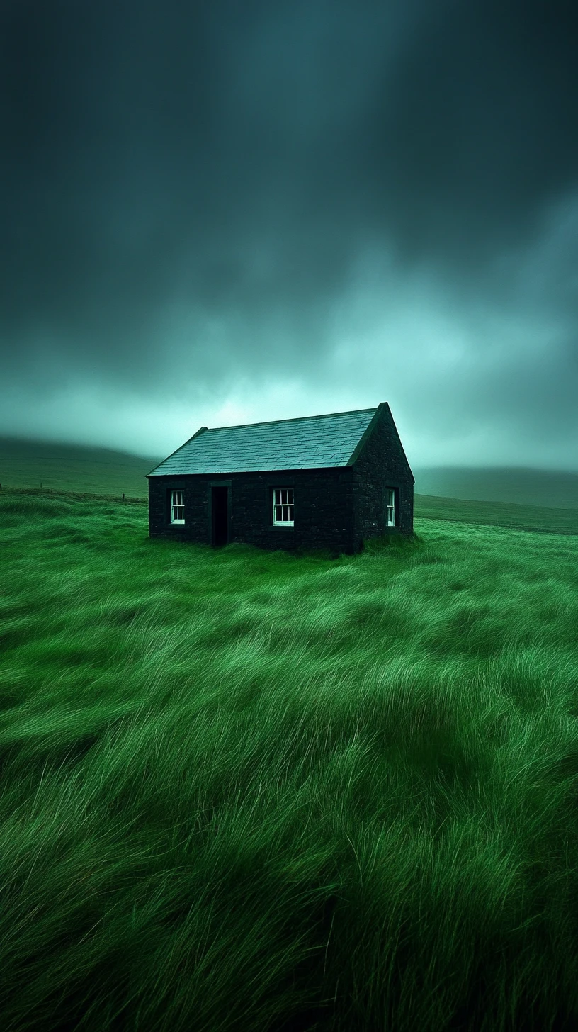 Pradera escocesa con niebla y una capilla rural de piedra abandonada