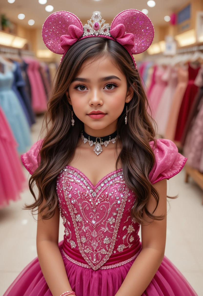 Menina com vestido rosa da Minnie em loja de vestidos da Disney