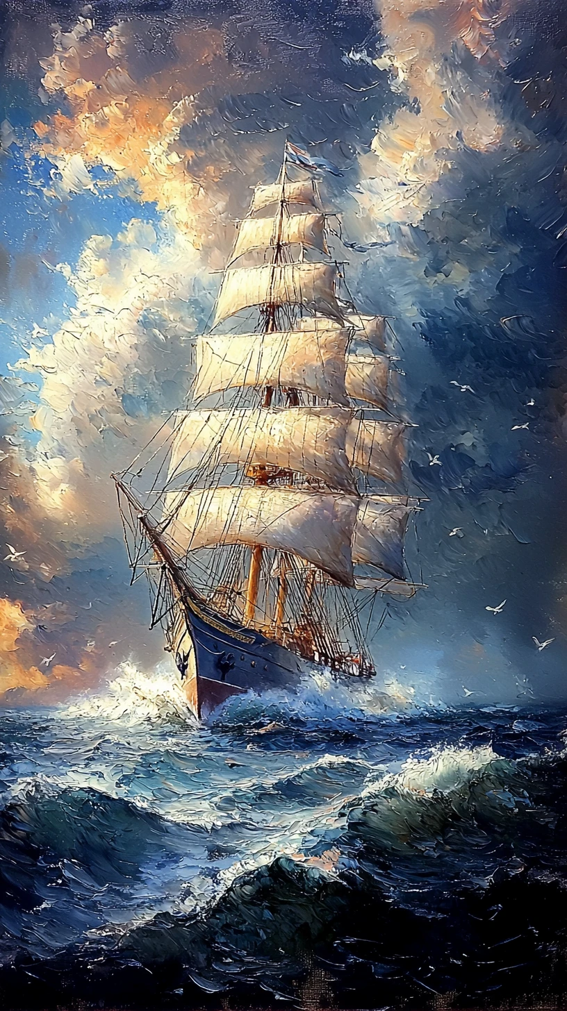 Navio à vela alto cruzando um mar tempestuoso e luminoso