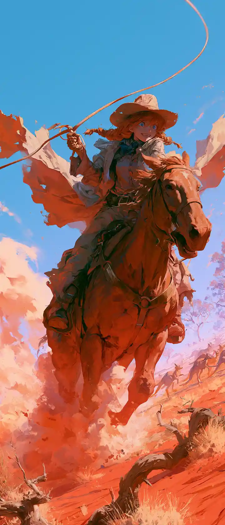 Anime cowgirl riding wild horse through red desert dust