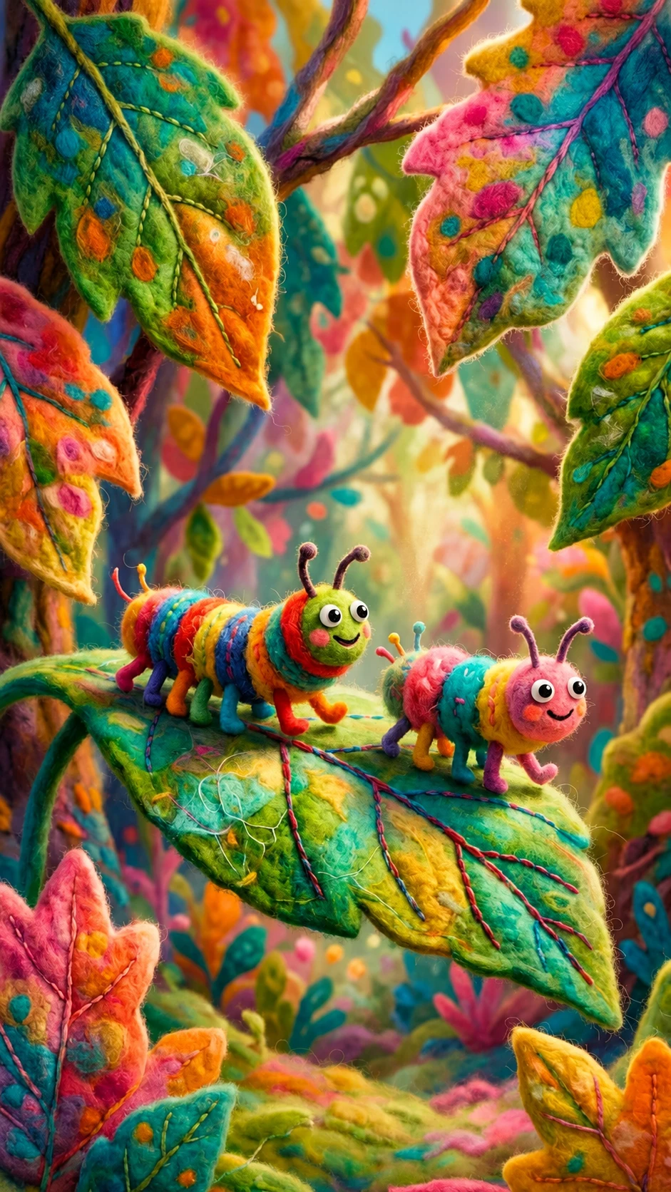 Lagartas de lã coloridas caminhando entre folhas gigantes